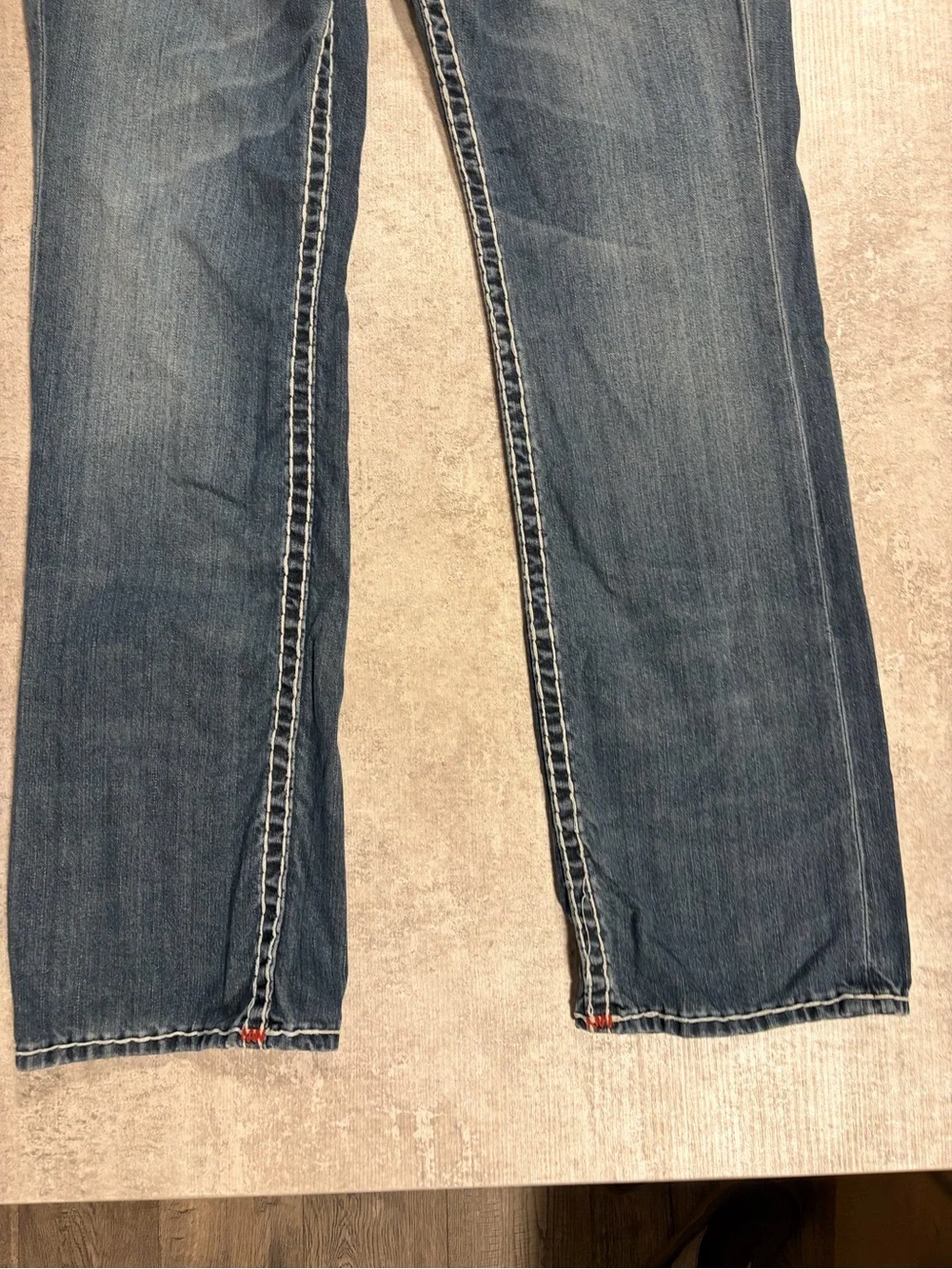 True Religion Men’s Medium Blue Straight Leg Jeans with Red Stitching